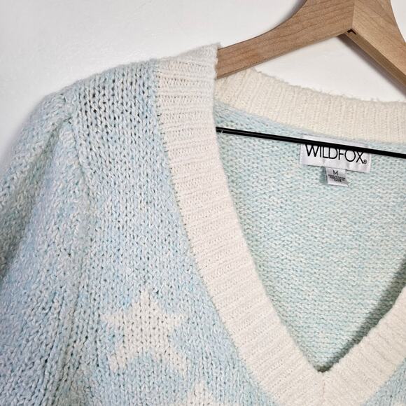Wildfox Star Girl Ace Sweater M Blue White Distressed V-Neck - Picture 3 of 8